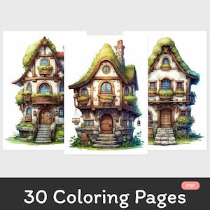 Adult Coloring Book: Fairy Cottages | Instant Download | Printable PDF | Coloring Book | Coloring Page