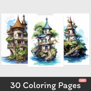 Adult Coloring Book: Fantasy Island Houses | Instant Download | Printable PDF | Coloring Book | Coloring Page