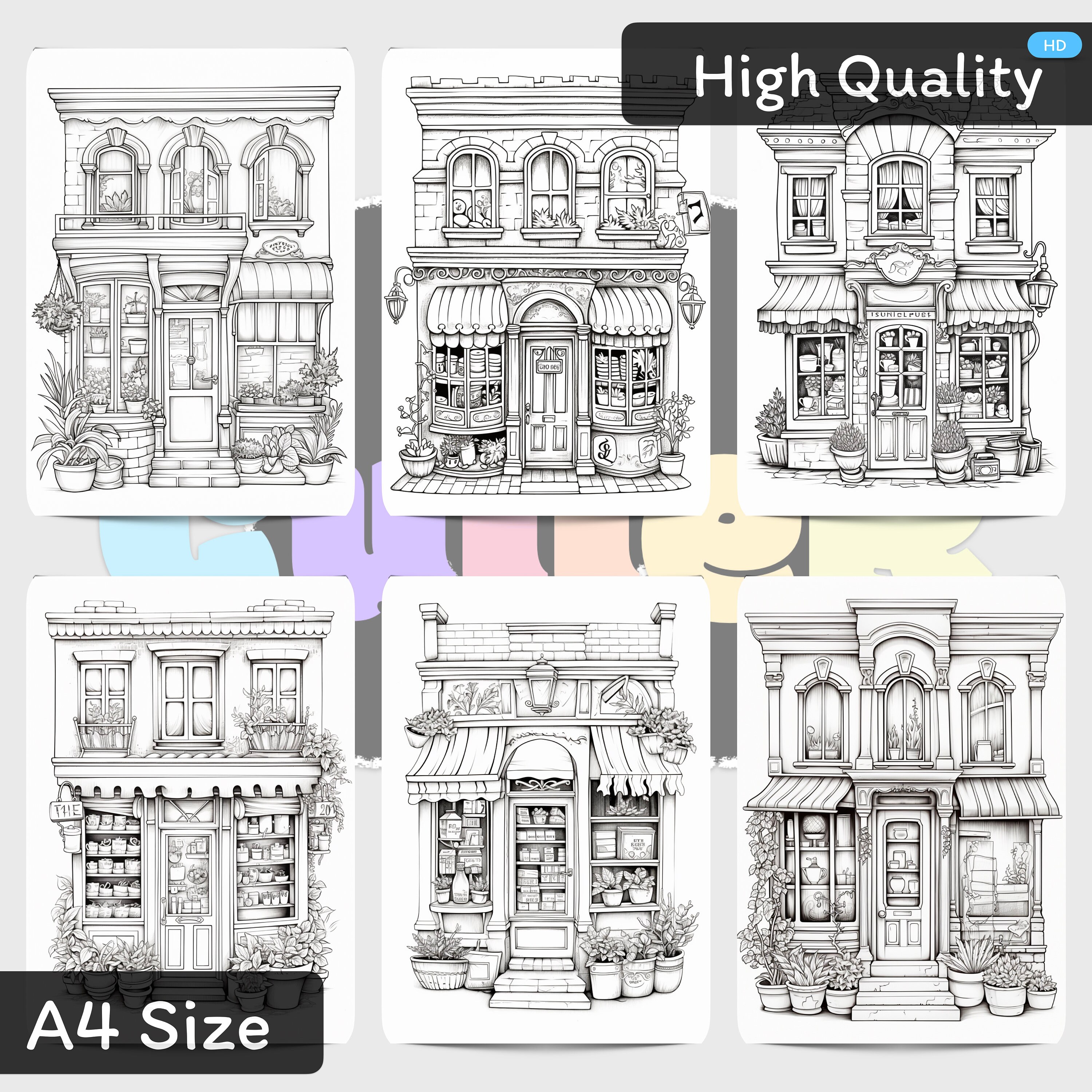 Charming Storefronts Coloring Book: 31 Page Printable Designs (PDF ...