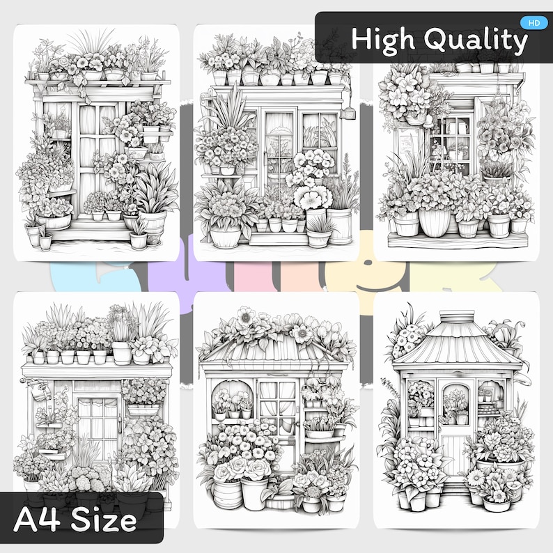 Adult Coloring Book: Cute Flowers Shops Instant Download Printable PDF ...
