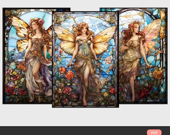 May include: Three stained glass panels featuring fairies with wings, each with a different pose and floral background. The fairies are depicted with long flowing hair and delicate features. The panels are framed in black and have a blue, green, and purple color scheme.