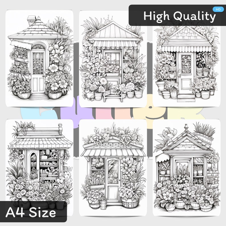 Adult Coloring Book: Cute Flowers Shops Instant Download Printable PDF ...