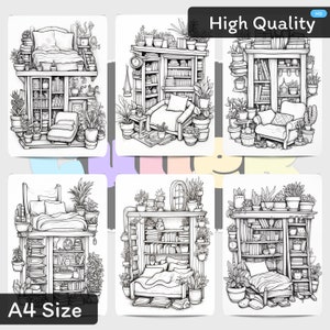 Pu&ograve; includere: Sei illustrazioni in bianco e nero di una stanza con un letto, una libreria e piante. Le illustrazioni sono in formato griglia con il testo "High Quality" e "A4 Size" in alto e in basso della griglia, rispettivamente.