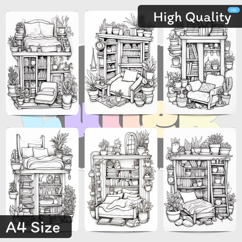 Pu&ograve; includere: Sei illustrazioni in bianco e nero di una stanza con un letto, una libreria e piante. Le illustrazioni sono in formato griglia con il testo "High Quality" e "A4 Size" in alto e in basso della griglia, rispettivamente.