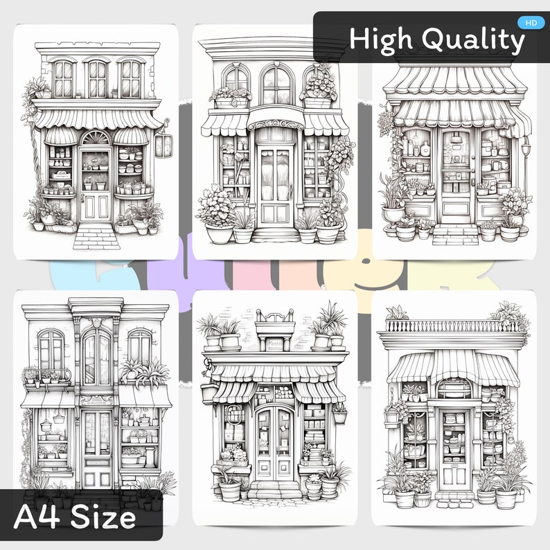Charming Storefronts Coloring Book: 31 Page Printable Designs (PDF ...