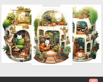 Libro da colorare Cat & Plant Pocket Rooms: 31 pagine stampabili (PDF)
