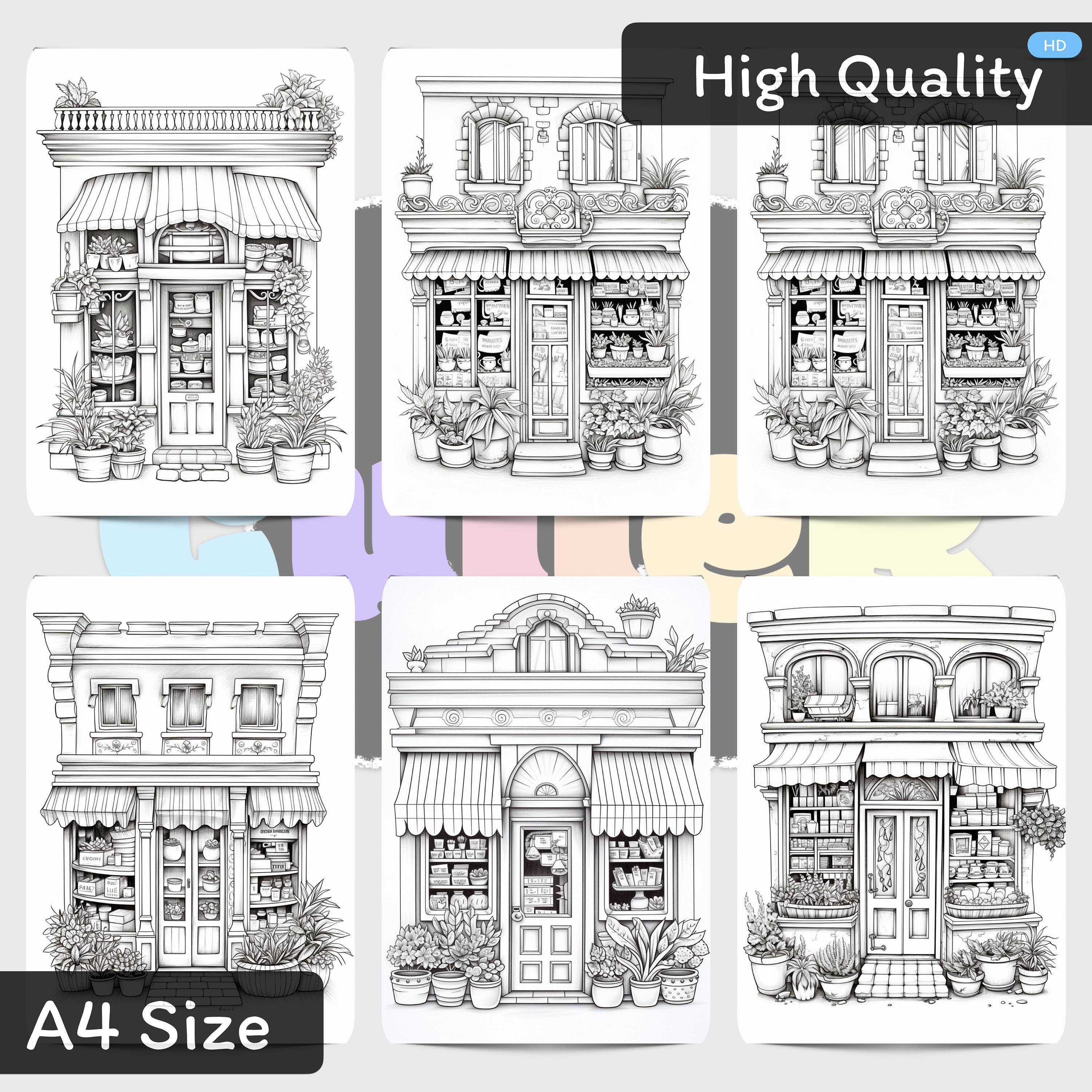Adult Coloring Book: Cute Storefronts Instant Download Printable PDF Coloring Book Coloring Page ...