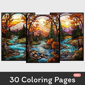 Adult Coloring Book: Landscape Stained Glasses | Instant Download | Printable PDF | Coloring Book | Coloring Page