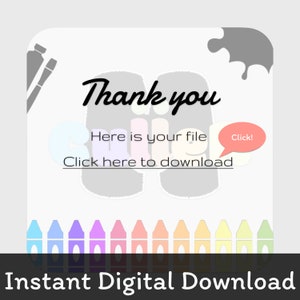 Pu&ograve; includere: Un biglietto di ringraziamento per il download digitale con un bordo di pastelli colorati e il testo "Grazie", "Ecco il tuo file", "Clicca qui per scaricare" e "Clicca!" in un fumetto.