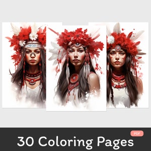 Adult Coloring Book: Blooming Beautiful Red Indians | Instant Download | Printable PDF | Coloring Book | Coloring Page