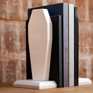 side view of gothic bookend coffin shaped book holder for table, bookshelf, or book case