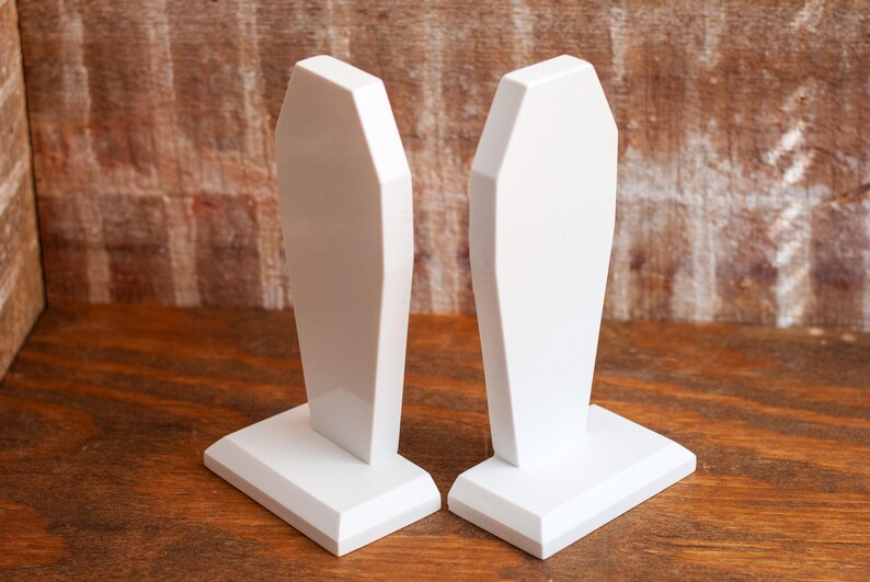 front view of a pair of gothic bookend coffin shaped book holder for table, bookshelf, or book case