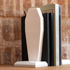 side view of gothic bookend coffin shaped book holder for table, bookshelf, or book case