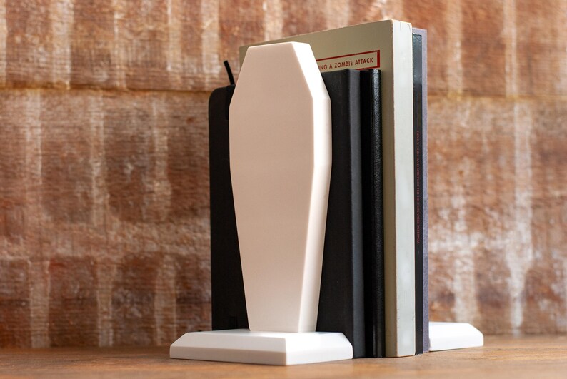 side view of gothic bookend coffin shaped book holder for table, bookshelf, or book case