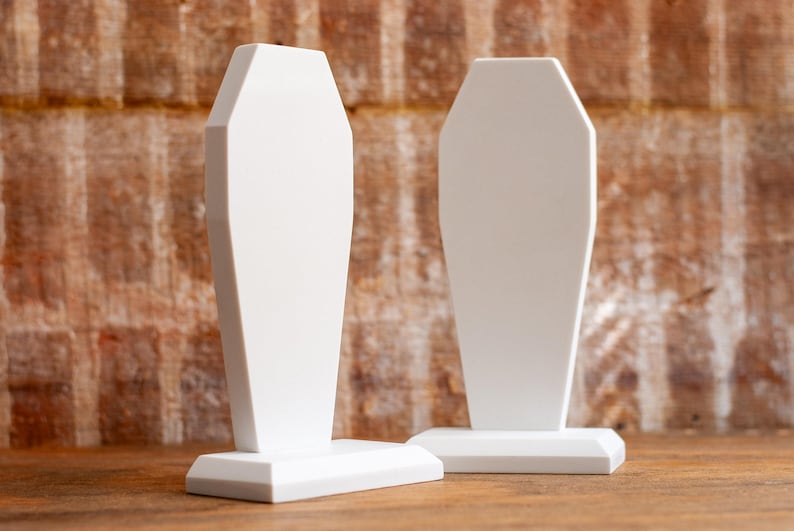 front view of a pair of gothic bookend coffin shaped book holder for table, bookshelf, or book case