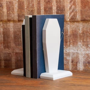 side view of gothic coffin bookends, book holder for table, bookshelf, or book case