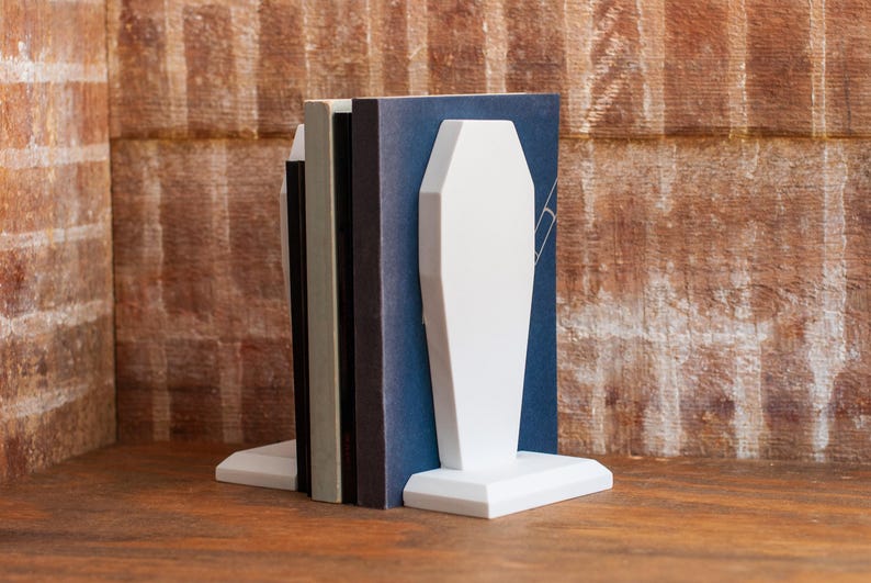 side view of gothic coffin bookends, book holder for table, bookshelf, or book case