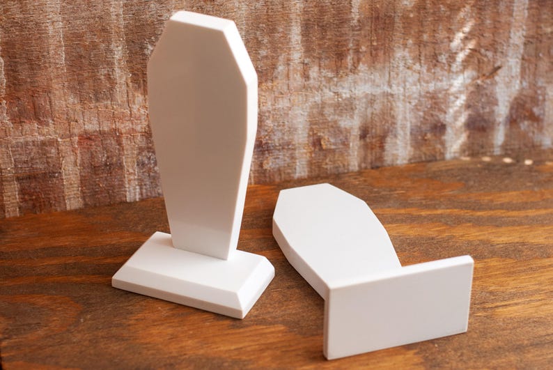 top down view of a pair of gothic bookend coffin shaped book holder for table, bookshelf, or book case