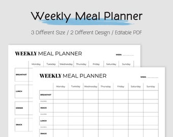 Weekly Meal Planner, Key to a Healthy Life, Digital and Physical Use, Two Versions, Various Size Options, Menu Planner, Healthy Living