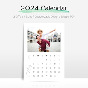 Könnte beinhalten: Ein druckbarer Kalender für 2024 mit einem Foto eines Paares in Venedig, Italien. Der Kalender ist anpassbar und editierbar. Der Text "2024 Calendar" befindet sich oben im Bild. Der Text "2 Different Sizes / Customizable Design / Editable PDF" befindet sich unter dem Kalender.