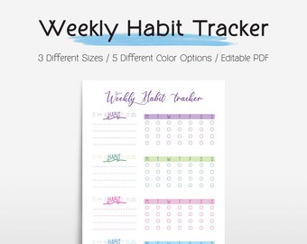 May include: A white printable weekly habit tracker with the title "Weekly Habit Tracker" in a script font. The tracker includes sections for daily habits, with color-coded rows and circles for marking progress. The image also includes the text "3 Different Sizes / 5 Different Color Options / Editable PDF."