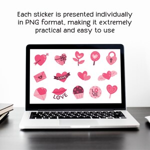 Puede incluir: Una pantalla de computadora port&aacute;til que muestra una colecci&oacute;n de 16 pegatinas de tem&aacute;tica de San Valent&iacute;n de color rosa y rojo. Las pegatinas incluyen corazones, labios, cupcakes y caramelos.