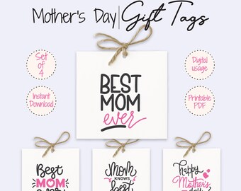 Mother’s Day Gift Tags Printable & Digital - Set of 4 Cute Pink Black Gift Tag Designs - Instant Download for Gifts, Planners, Crafts