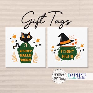 Printable Halloween Gift Tags – Spooky and Fright Night Digital Tags – Cute Black Cat & Witch Cauldron Labels – Instant Download