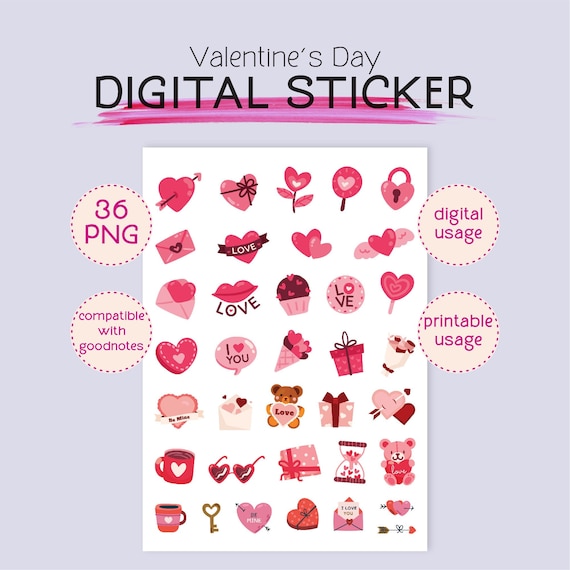 Valentine's Day Stickers, Goodnotes Compatible, Digital Planner Decor, Love Themed Stickers, Romantic PNG Stickers, Printable Sticker Set