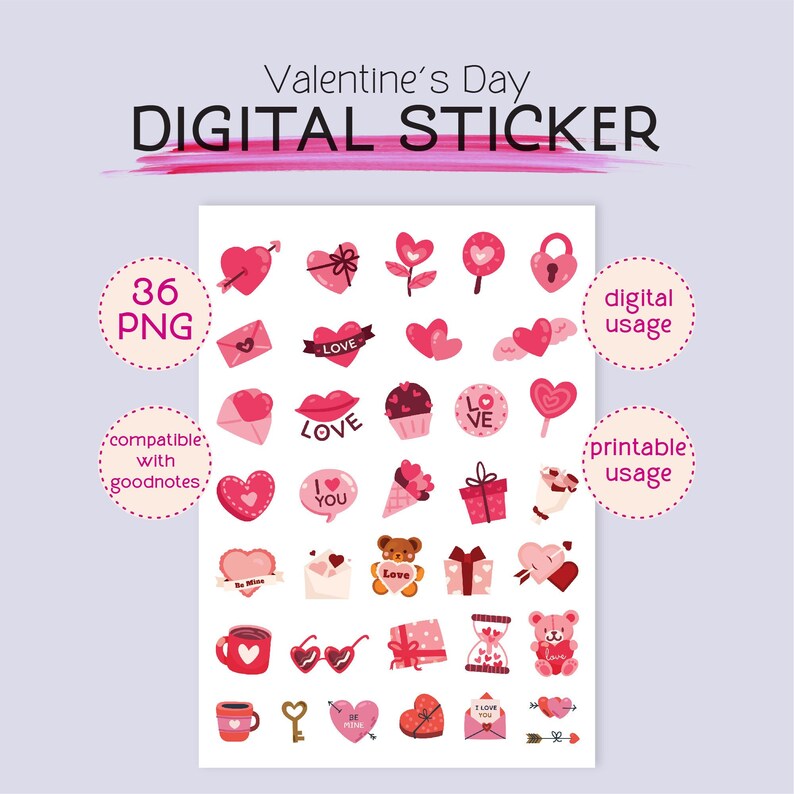 Pegatinas del Día de San Valentín, Compatible con Goodnotes, Decoración del planificador digital, Pegatinas temáticas de amor, Pegatinas PNG románticas, Conjunto de pegatinas imprimibles imagen 1