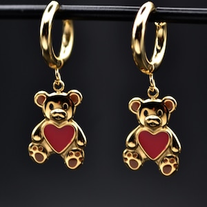 Teddy Bear Heart Earrings • Gold Enamel Dangling Hoop Huggies • Gifts For Her