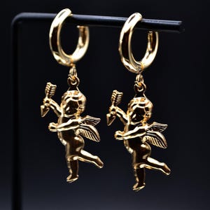 Gold Cupid Angel Cherub Valentine’s Day Earrings • Gold Hoop Huggies Earrings • Gifts For Her