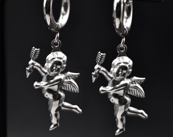 Silver Cupid Angel Cherub Earrings • Silver Dangling Hoop Huggies • Gifts For Her • Graduation Gifts