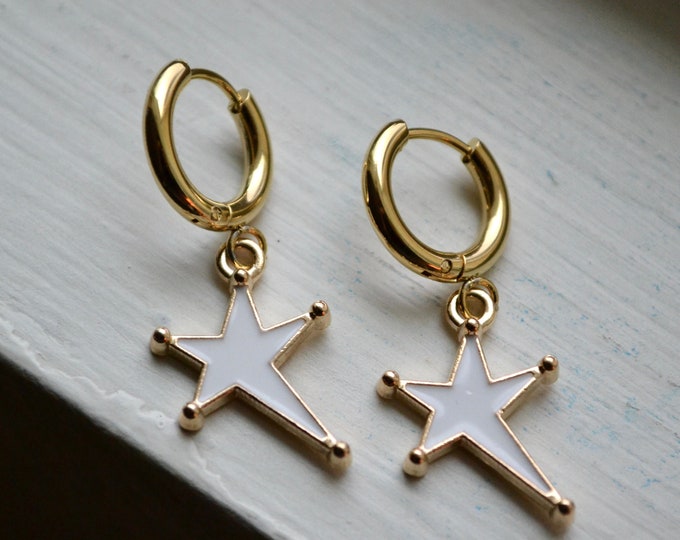 Cowboy Star White Enamel and Gold Western Earrings • Gold Hoop Huggies Earrings • Gifts For Her • Mother’s Day Jewelry