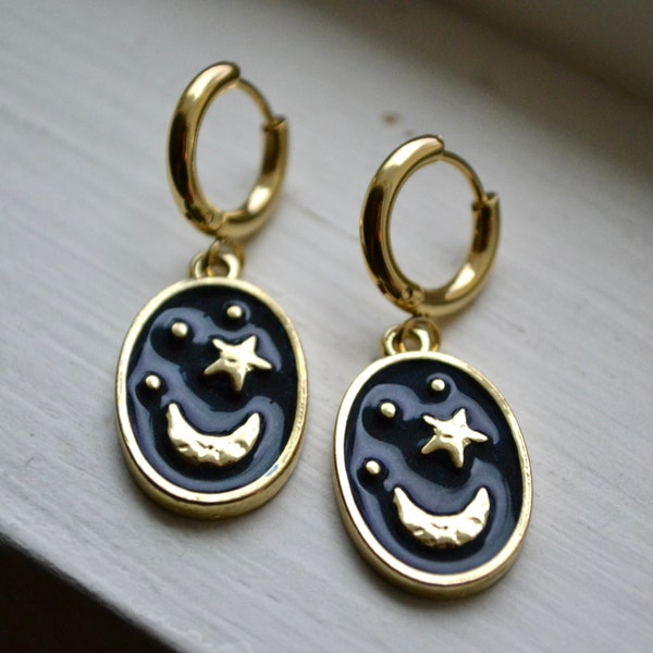 Moon and Star Dark Navy Blue Black Enamel Gold Hoop Earrings • Gold Hoop Huggies Earrings • Gifts For Her • Mother’s Day Jewelry