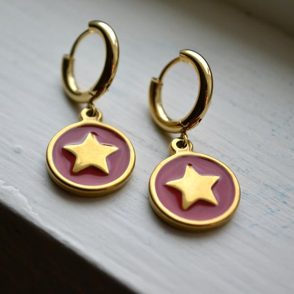 Red Star Enamel Circle Gold Earrings • Gold Hoop Huggies Earrings • Gifts For Her • Mother’s Day Jewelry