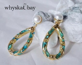 Sunset on Pearl: Gold Enamel Hoops • Gift for Her • Wedding Earrings • Enamel Drop Earrings • Art Nouveau Earrings