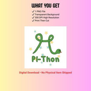Peut inclure: Un téléchargement numérique avec un graphique représentant un serpent vert avec le texte "Pi-Thon". Le serpent est conçu dans un style fantaisiste, avec une petite langue rouge. Le fond est blanc avec des étoiles jaunes et bleues éparpillées.