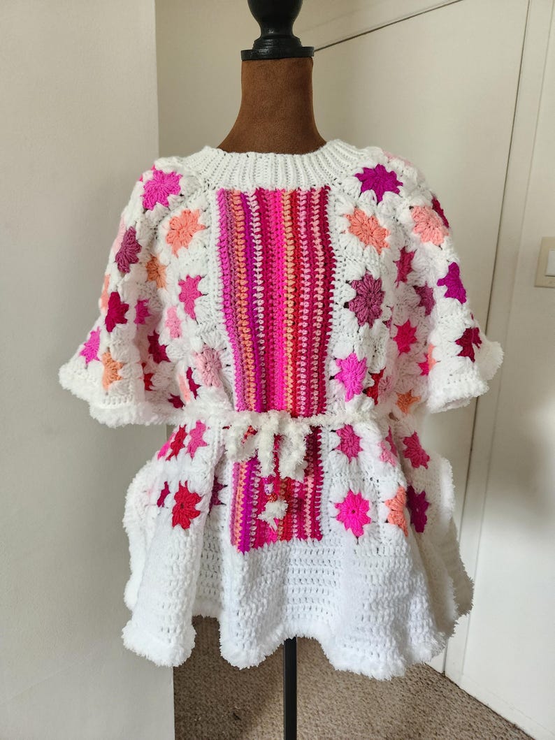 Colorful Granny Square Oversized Poncho With Rope African Inspired Colorful Granny Square Oversized Poncho With Rope African Inspired
