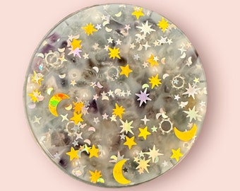 Moon & Stars Amethyst/Clear Quartz Picky Pad with real Crystals and Beads Sensory Toy/Fidget Toy ADHD Silicone Stress Reliever