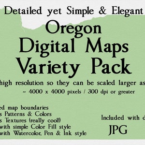 Puede incluir: Imagen que promociona un paquete de mapas digitales de Oregón. El texto incluye "Detallado pero simple y elegante" y enumera características como límites de mapas detallados y varios patrones. La imagen tiene una alta resolución, aproximadamente 4000 x 4000 píxeles.