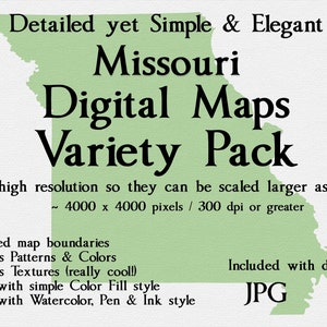 Missouri-Kartenpaket: Die Stile umfassen einfach, detailliert, reich, elegant, strukturiert, Aquarellstift & -tinte sowie Volltonfarbe. JPG PNG