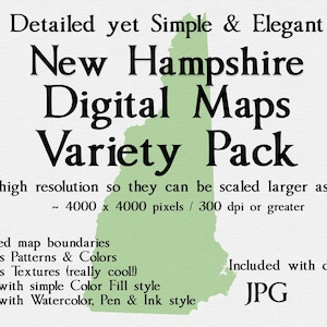 Kaartbundel van New Hampshire: stijlen omvatten eenvoudig, gedetailleerd, rijk, elegant, structuur, aquarelpen en inkt en effen kleuren. JPG-PNG