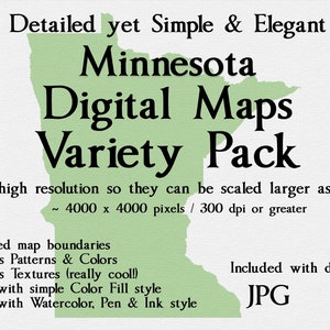 Minnesota-kaartenbundel: stijlen omvatten eenvoudig, gedetailleerd, rijk, elegant, gestructureerd, aquarelpen en inkt en effen kleuren. JPG-PNG