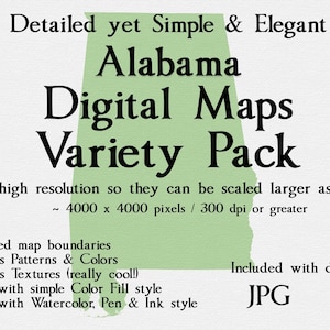 Alabama State Map Bundle: Zu den Stilen gehören: einfach, detailliert, reichhaltig, elegant, strukturiert, Aquarellstift und Tinte, strukturiert, solide. JPG PNG