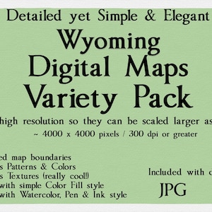 Lot de cartes du Wyoming : les styles incluent simple, détaillée, riche, élégante, texturée, stylo et encre aquarelle et couleur unie. JPG PNG