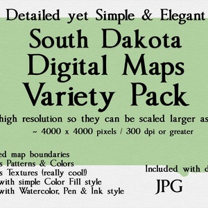 Op de afbeelding: Een digitale kaartpakket van South Dakota, met gedetailleerde grenzen, patronen en kleuren. De afbeelding bevat de tekst "Detailed yet Simple & Elegant" en "Digital Maps Variety Pack". De kaarten zijn van hoge resolutie, ongeveer 4000 x 4000 pixels.