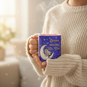 Dream Among the Stars Cat Mug – Moon & Starry Night Coffee Cup – Color Inside Ceramic Gift for Cat Lovers