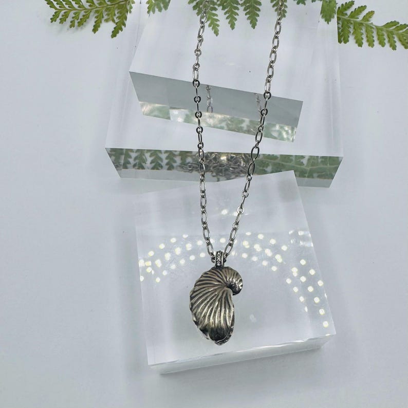 May include: A silver-toned necklace featuring a pendant shaped like a nautilus shell. The pendant hangs from a delicate oval-link chain. The metal surface has a polished finish with subtle dark oxidation in the grooves of the shell design.
