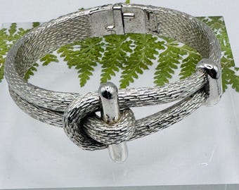 Trifari Sailor’s Knot Bracelet | Silver Tone Textured Hinged Bracelet | Signed Designer Jewelry